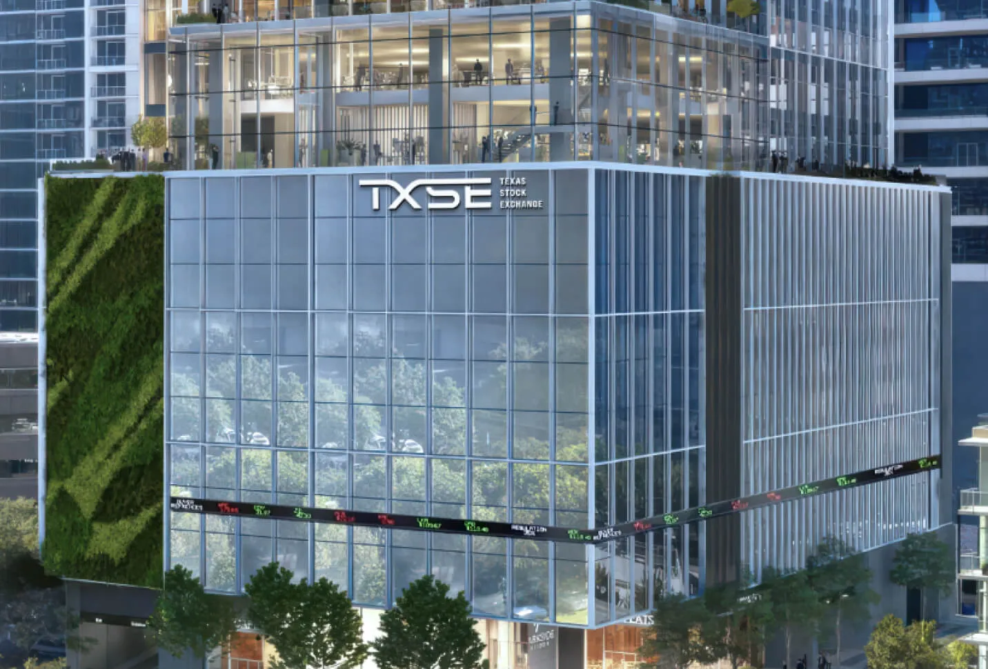 Rendering of the TXSE headquarters with fully glass windows spanning the entire building.
