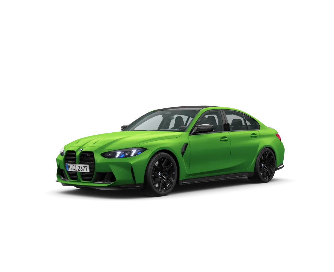 Grünes BMW M3 Sportauto mit schwarzer Felge und aggressivem Frontgrill.