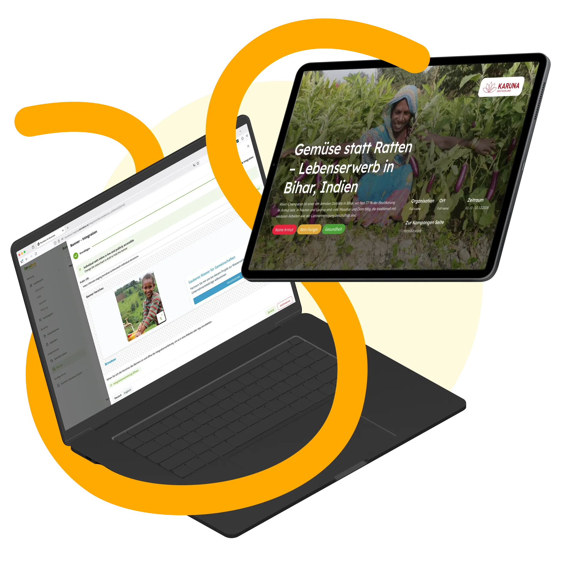 Laptop zeigt Webseite mit Banner-Integration, daneben Tablet mit Bild einer Frau in Indien in einem Gemüsefeld und Text über ein Lebensunterhaltsprojekt in Bihar.
