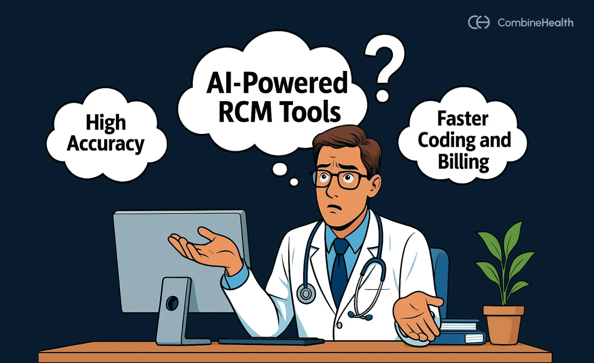 An illustration showing a physician looking confused while trying to select the right AI RCM coding and billing solution