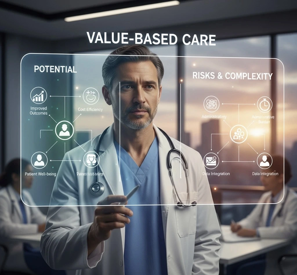 An illustration showing a provider assessing potential opportunities and risks of value-based cares