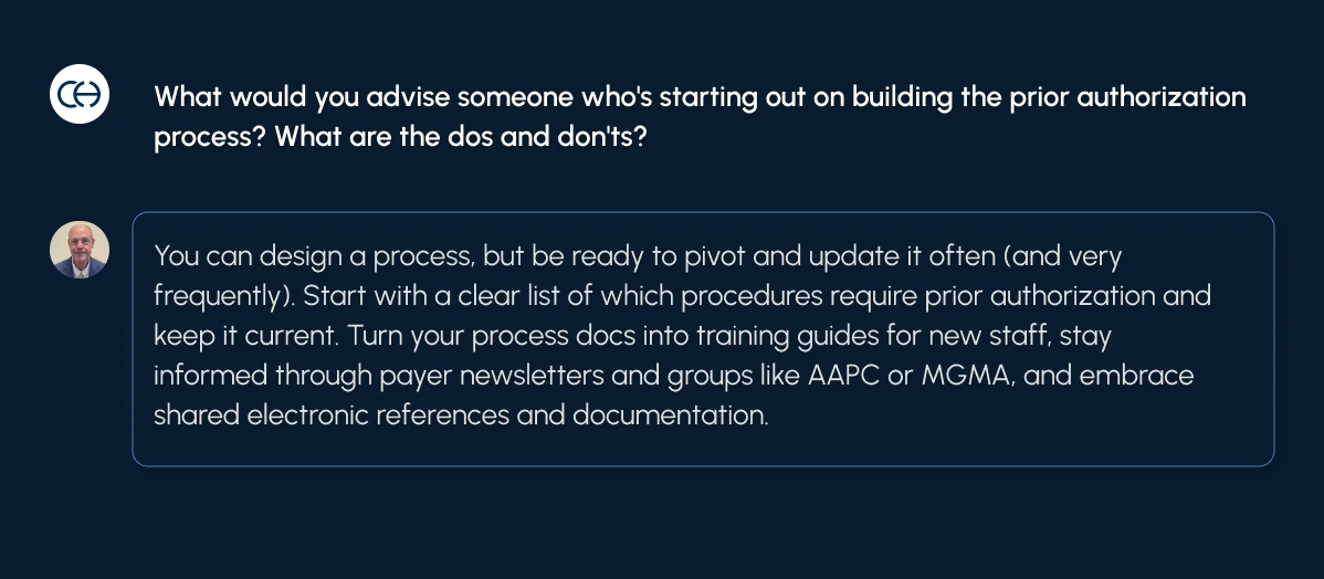 A chat window showing Marc answering a question about building a prior authorization process