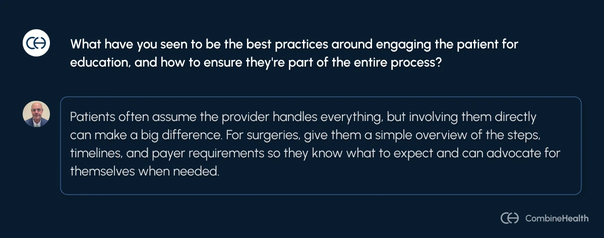 A chat window where Marc (a prior auth expert) answers a question about engaging and educating patients on prior authorization