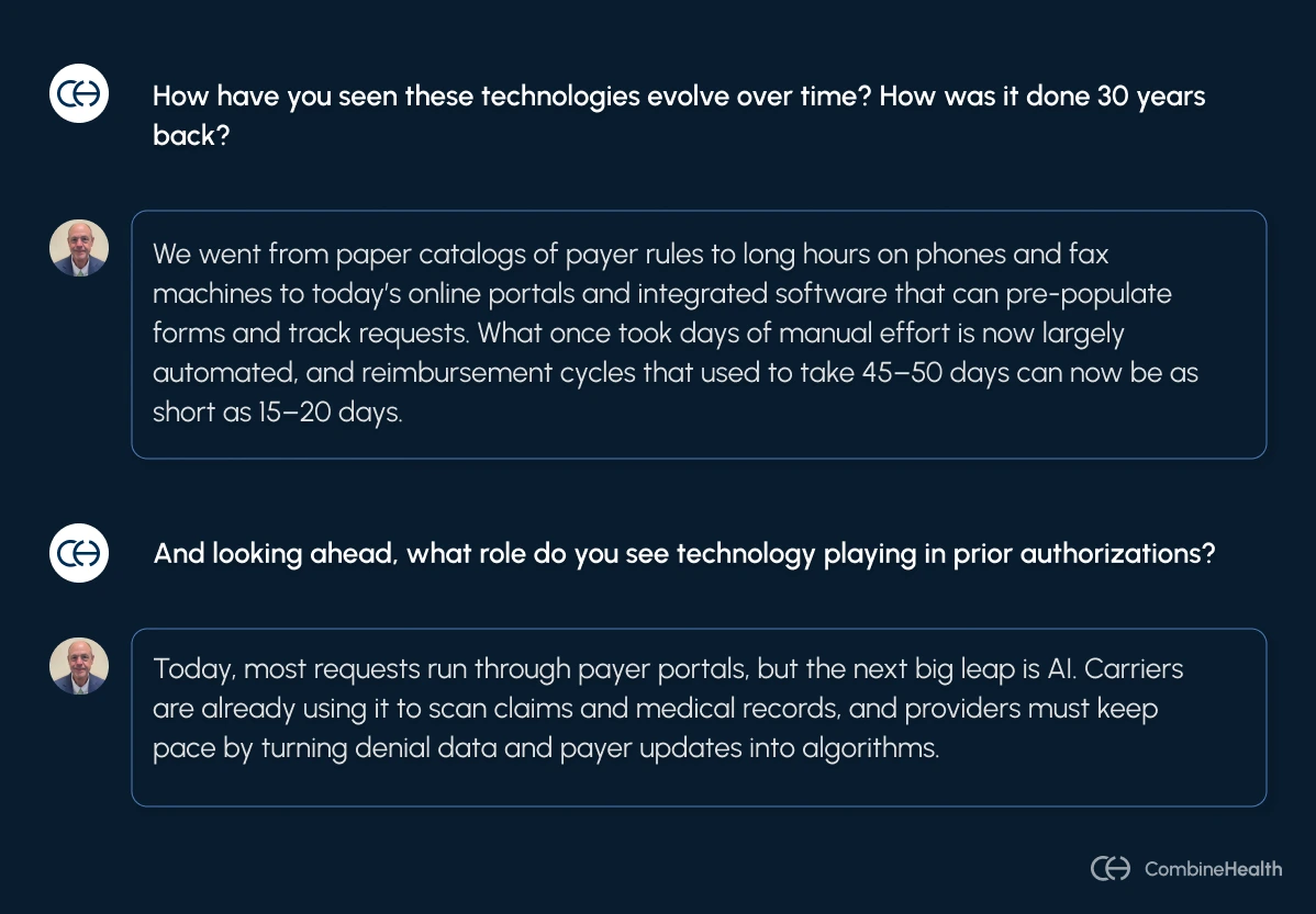 A chat window showing Marc (a prior auth expert) answering questions about prior authorization in healthcare ai solution and how they've evolved over the years