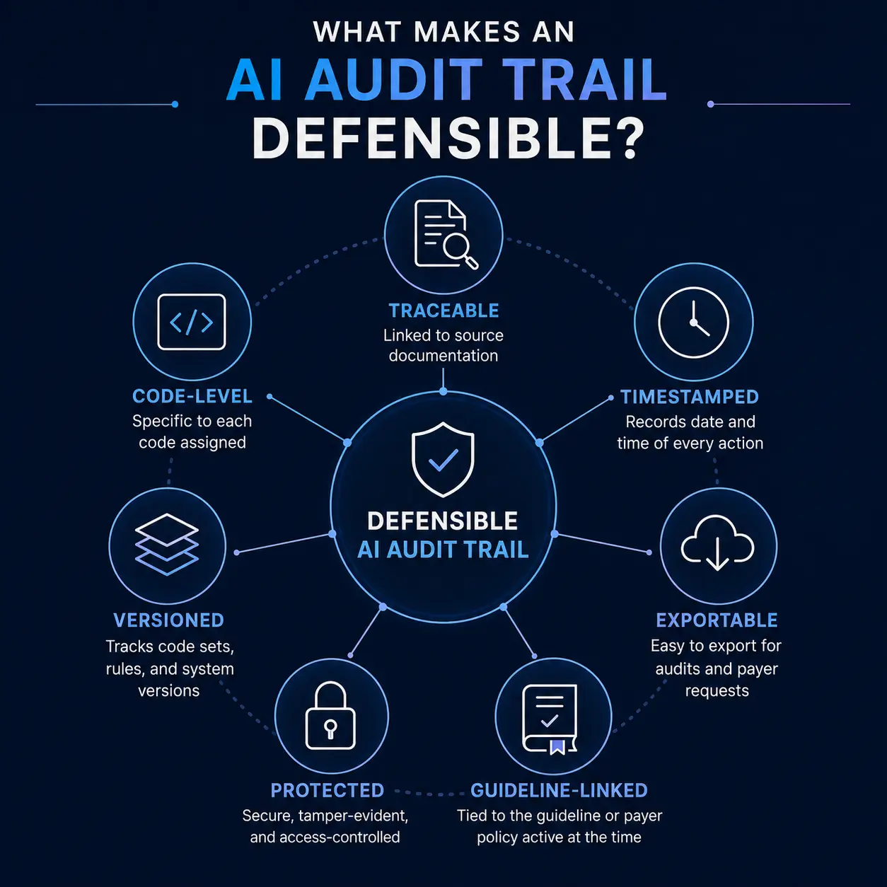Key elements of a defensible AI audit trail, including traceability, timestamps, versioning, security, and guideline links.