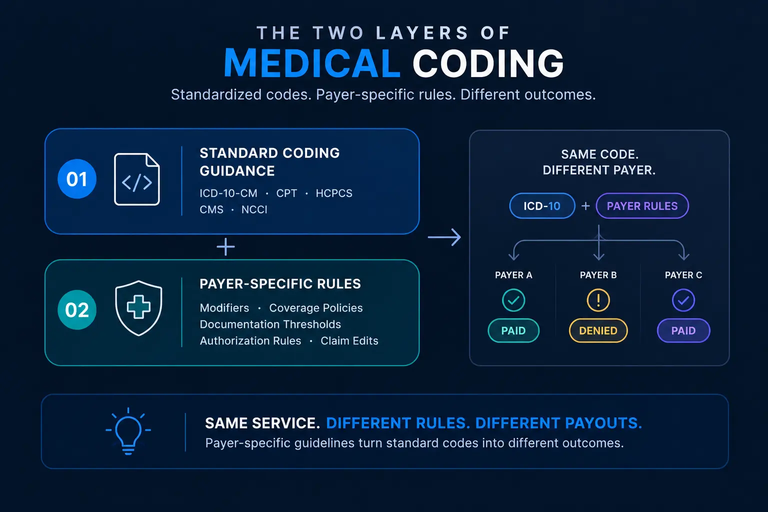 Two layers of medical coding are standard coding guidance and payer-specific rules that determine claim outcomes.