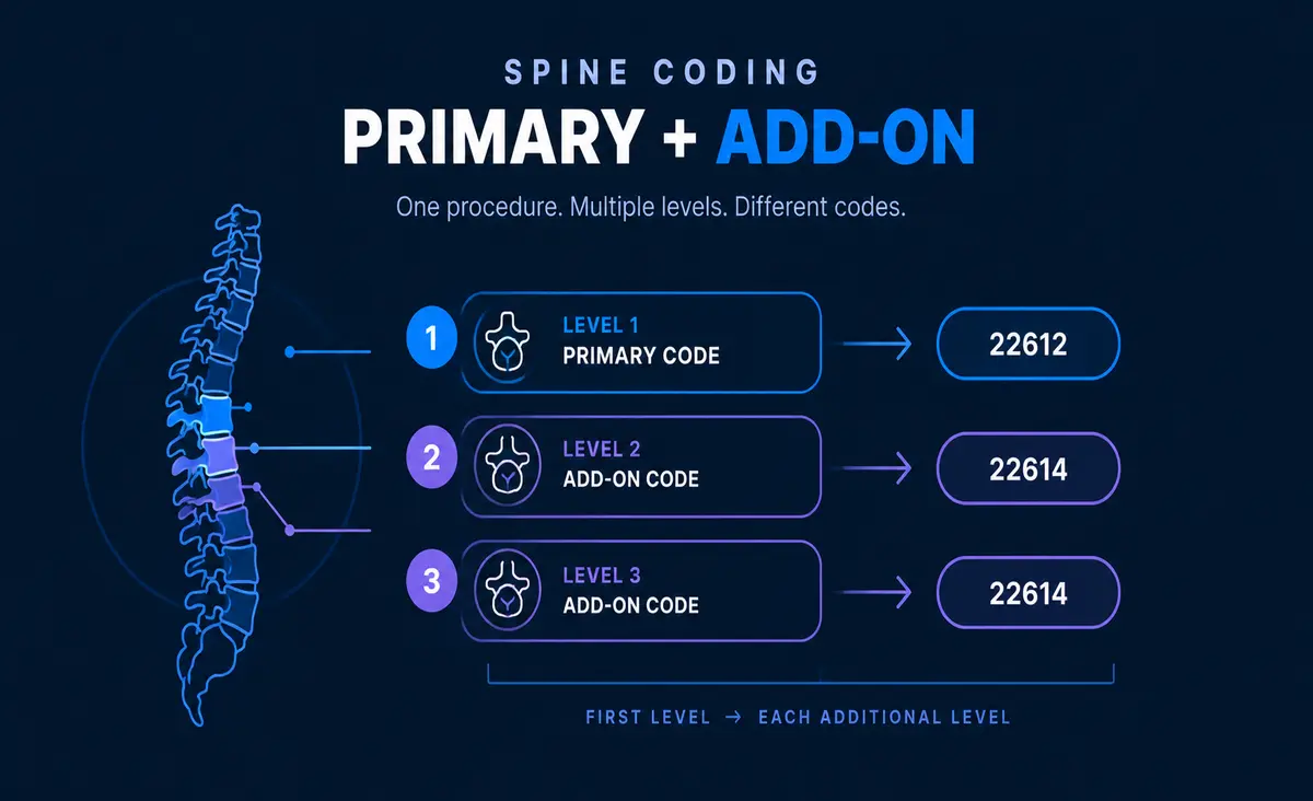 Spinal fusion coding uses a primary CPT code for the first level and add-on codes for each additional qualifying level.