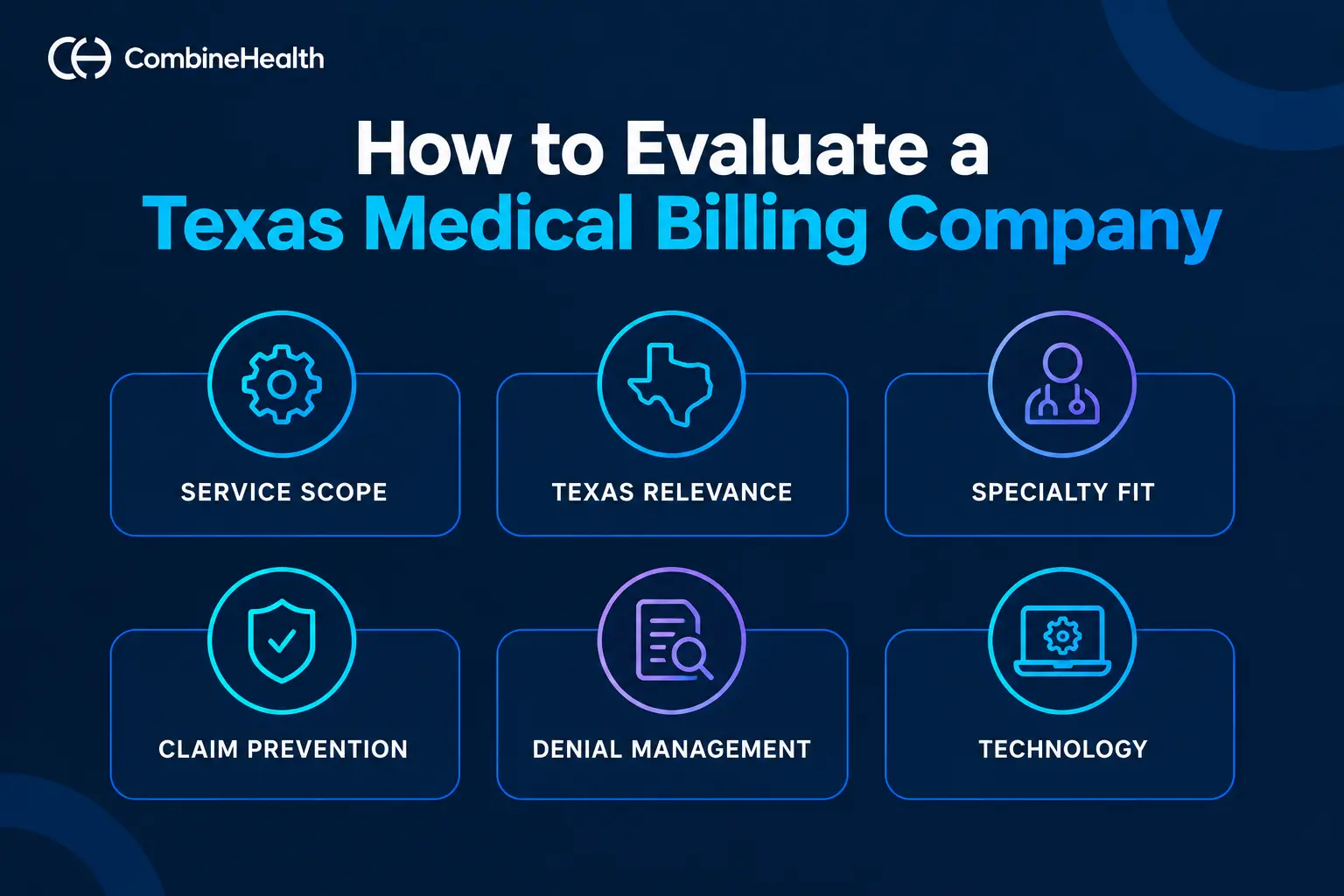 Texas medical billing vendor evaluation should cover service scope, Texas relevance, specialty fit, claim prevention, denial management, and technology.