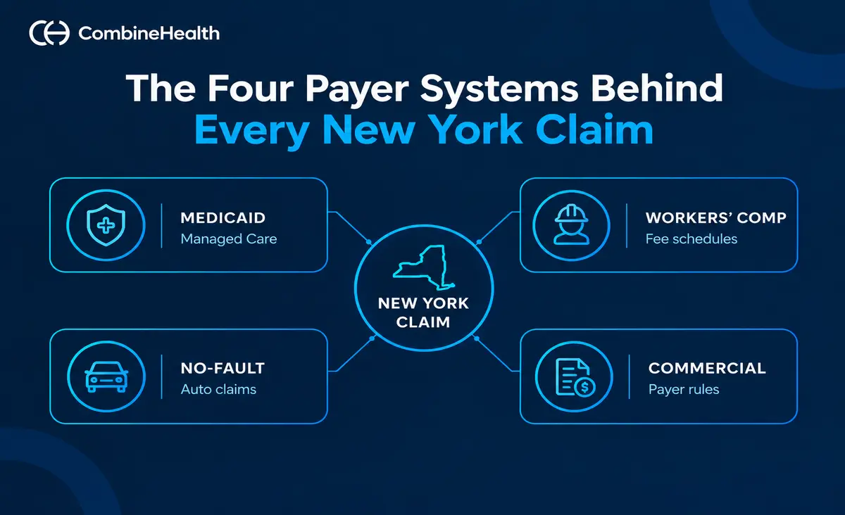 New York medical billing infographic showing Medicaid, workers’ compensation, no-fault, and commercial payer systems.