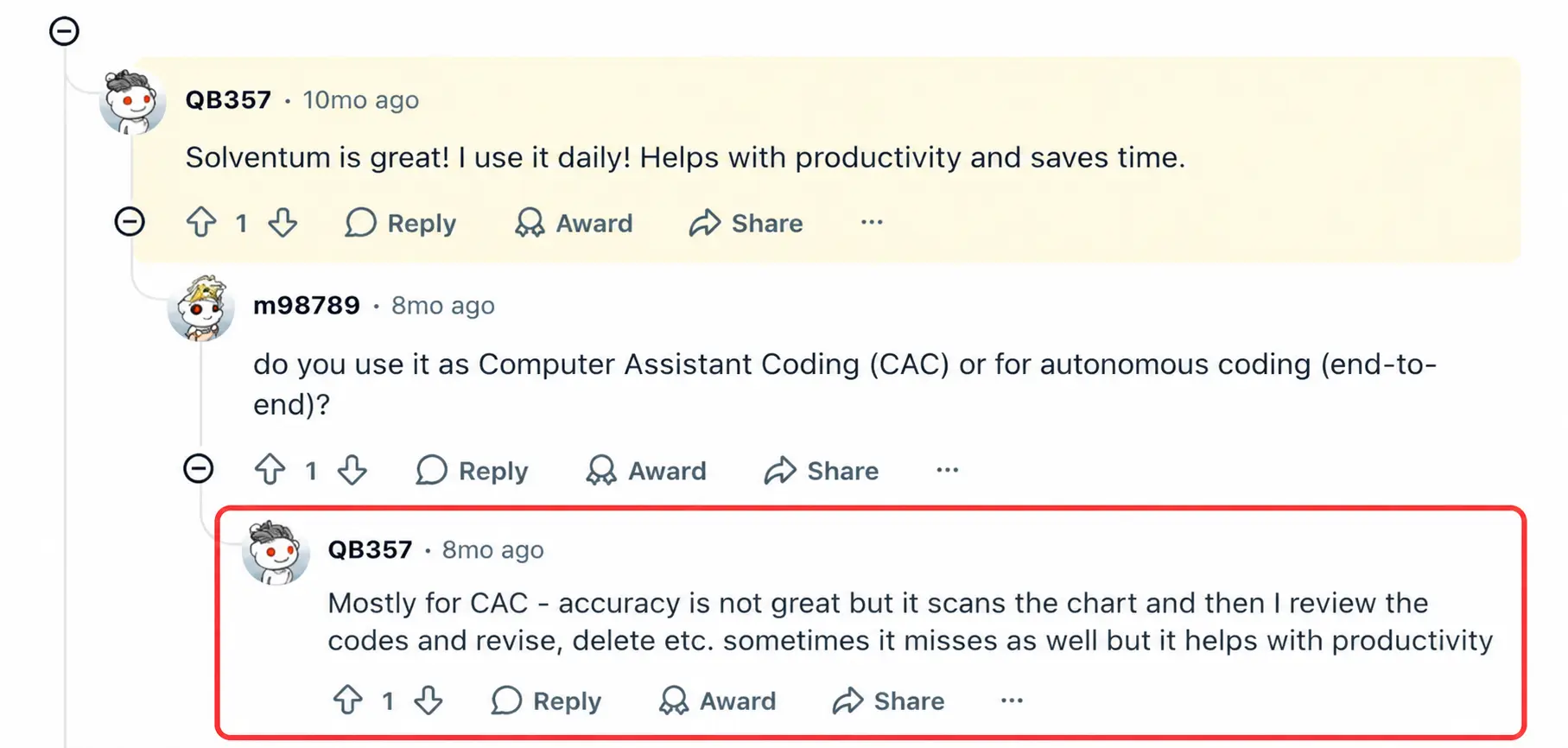 a Reddit post discussing Solventum's autonomous coding accuracy limitations