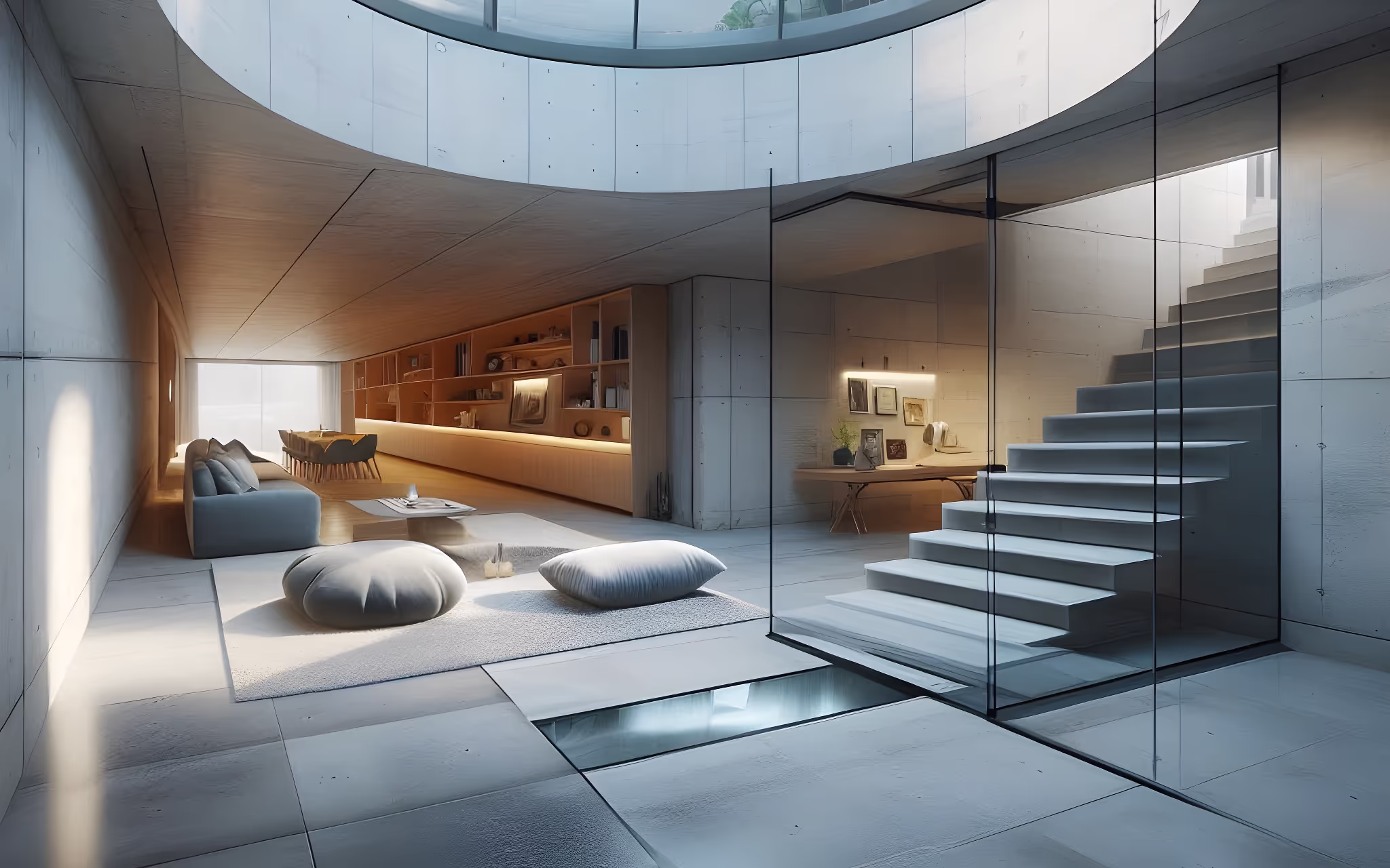 Minimalist modern living room with white cushions on a rug, a sofa, a glass-enclosed staircase, and a long wooden dining area in the background.