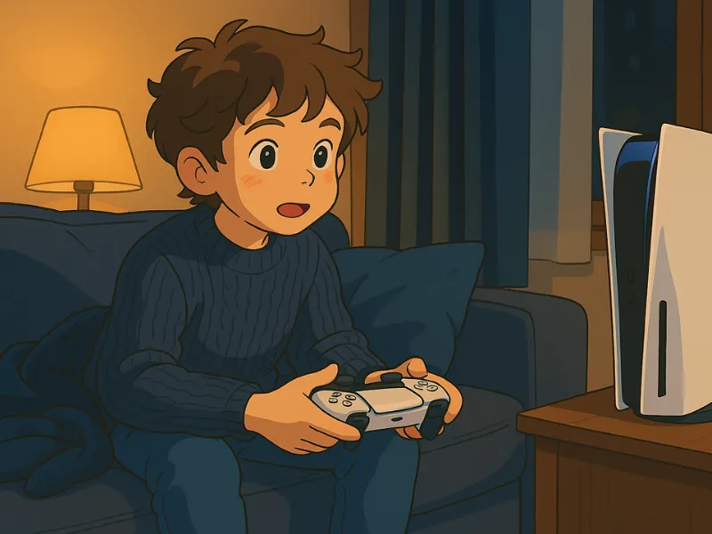 A cartoon illustration of a young boy playing on his Playstation 5 on a chilly evening