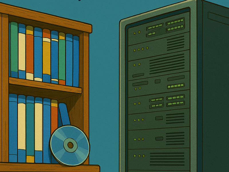 A photo of the shelf containing video games on the left and a big server on the right 