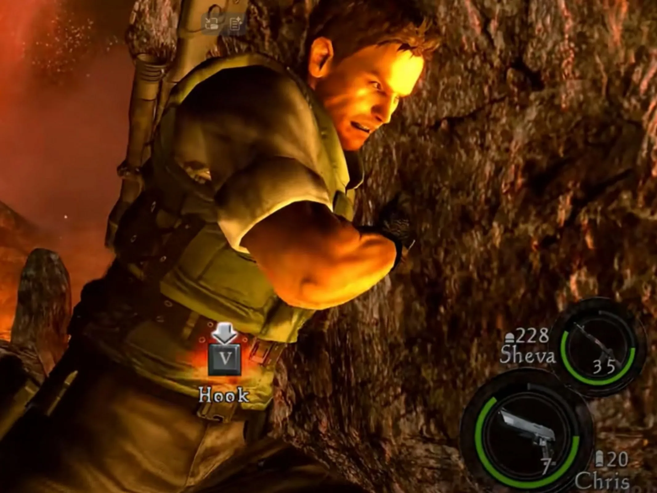 A video game character, Chris Redfield is punching the boulder so it will fell on the lava 