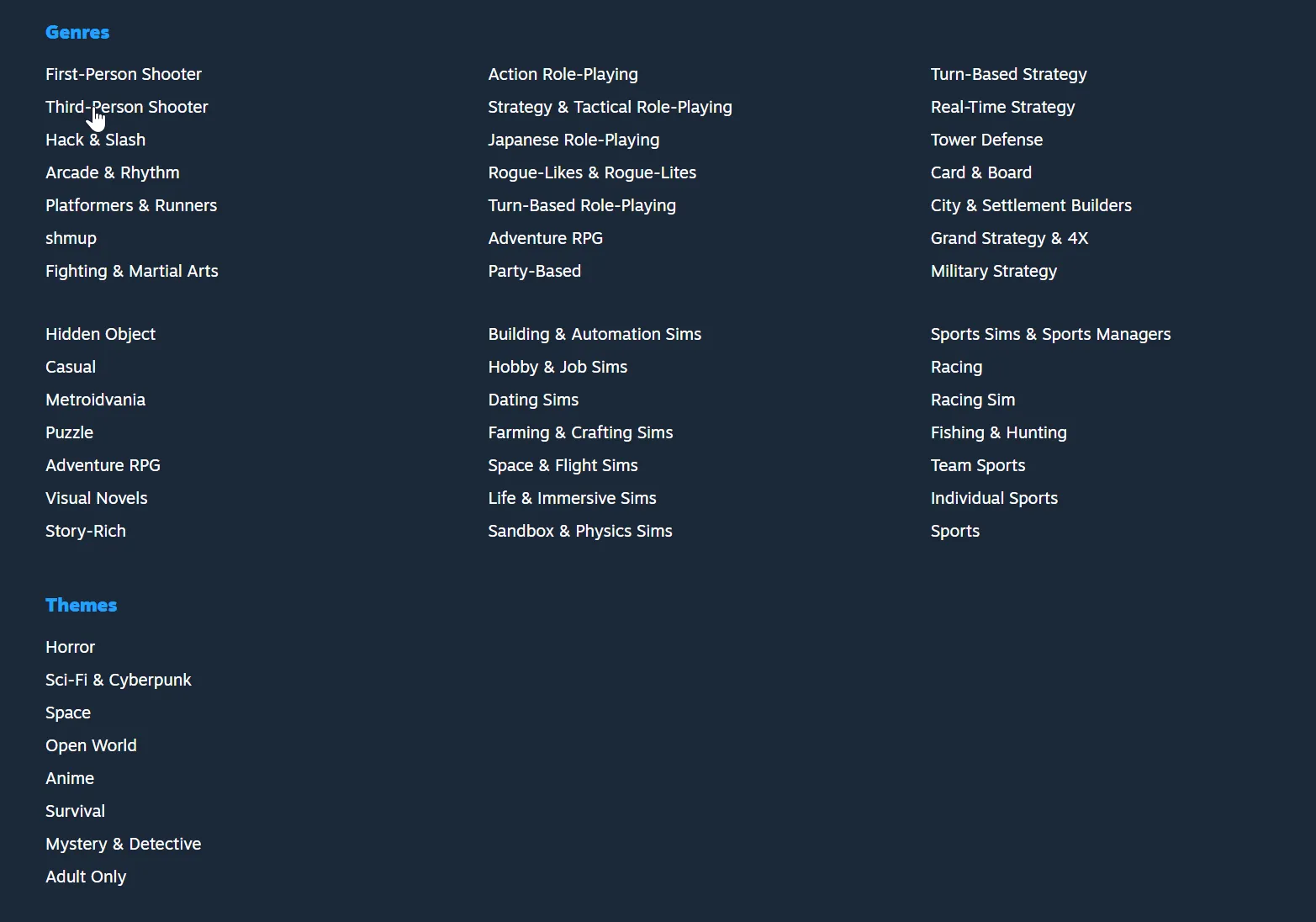 Genres available on Steam Store