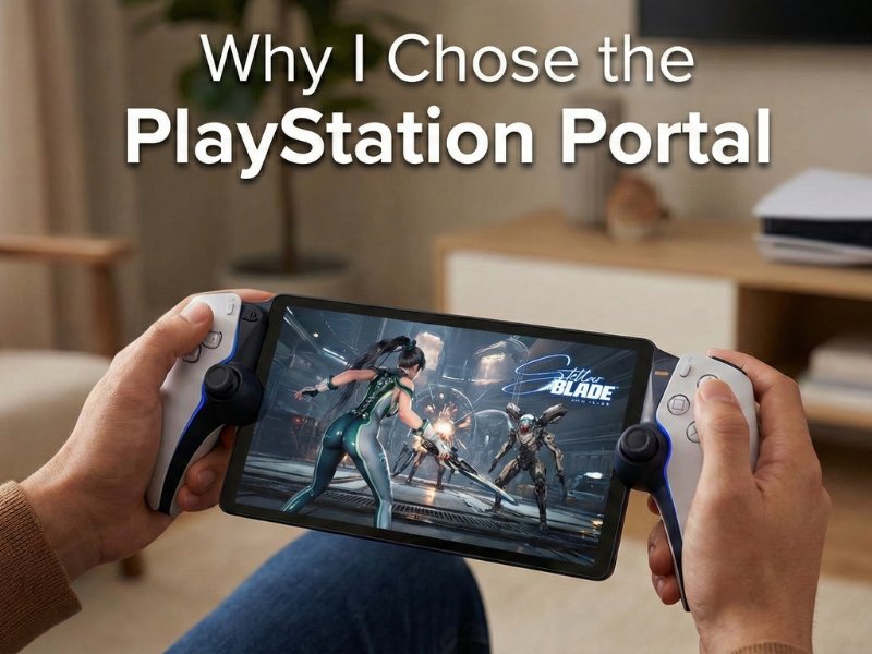 A photo of a male holding a PlayStation Portal and playing a PS5 game
