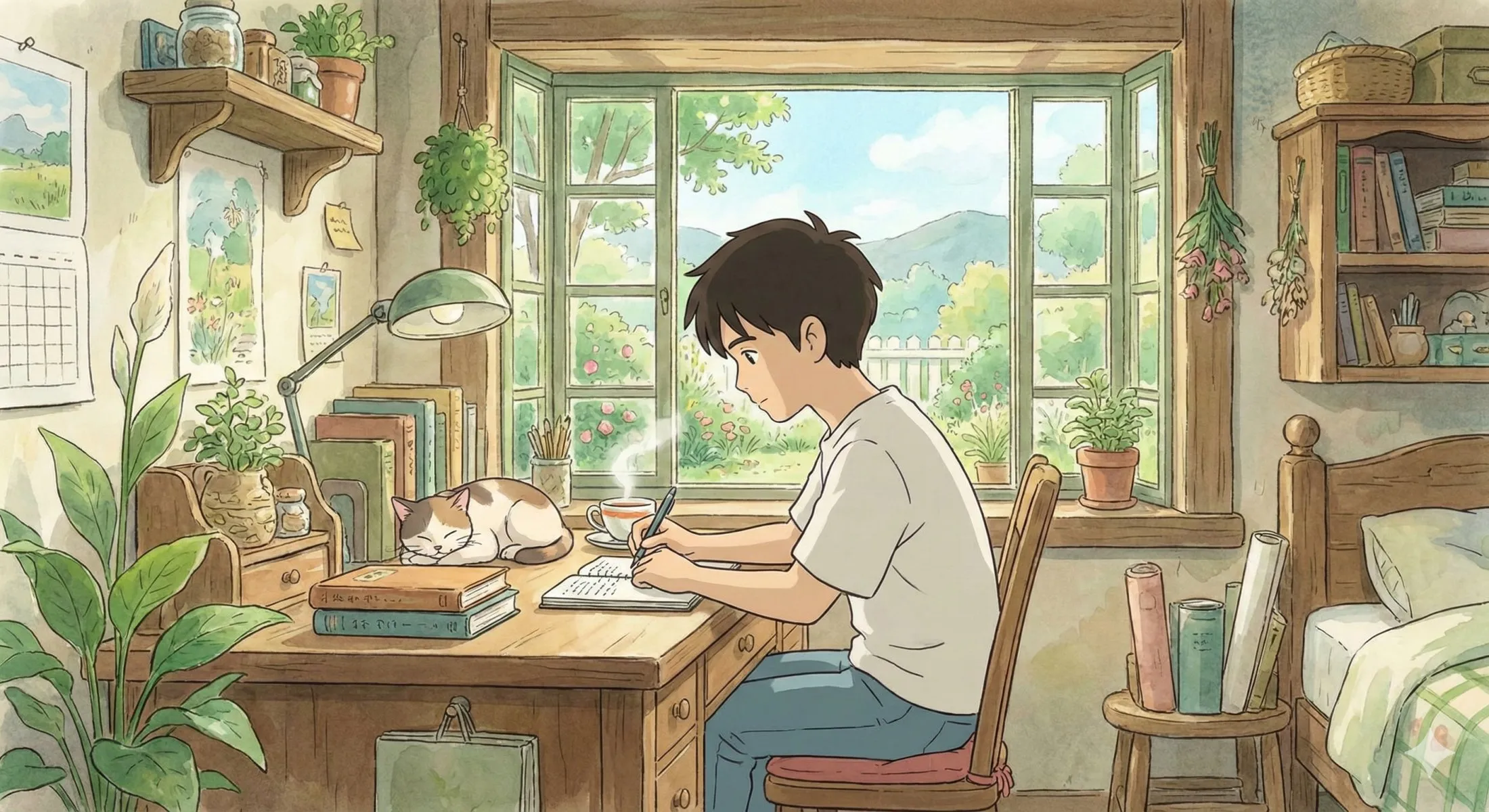 A photo of a boy in his room writing in a journal. On top of the table, there is a cat, a set of books and a coffee. The setting is in the morning and the window shows greeny scenery 