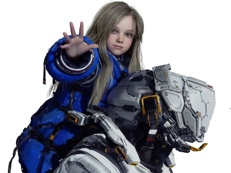 A photo of a little girl named Diana, on a piggyback with the man on a suit named Hugh. They are the protagonists of the game, Pragmata