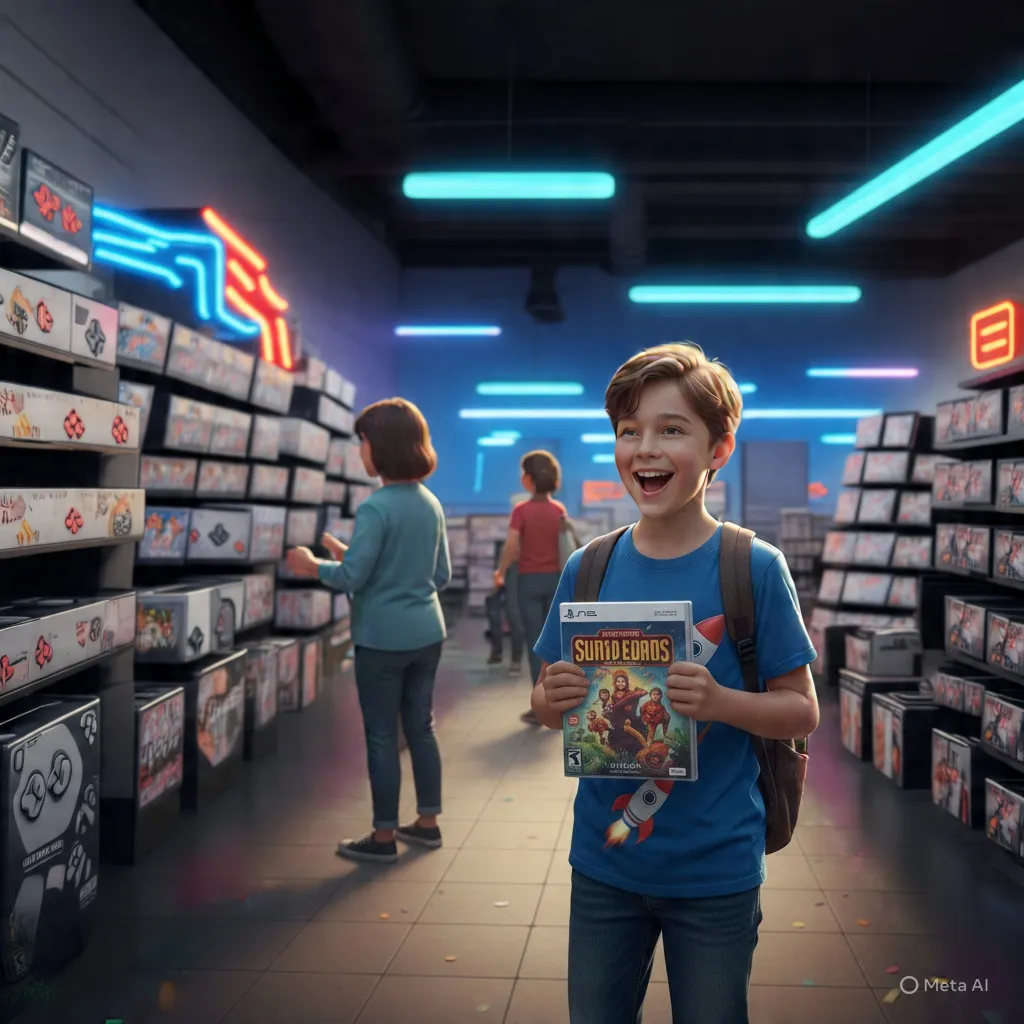 A photo of a boy holding a new game inside a video game store