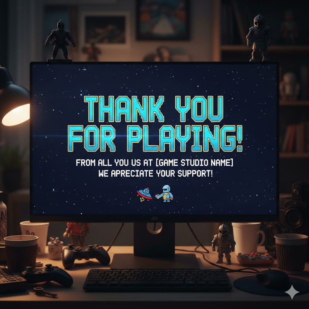 A photo of a monitor inside a gaming room. The monitor is displaying the text 'thank you for playing'
