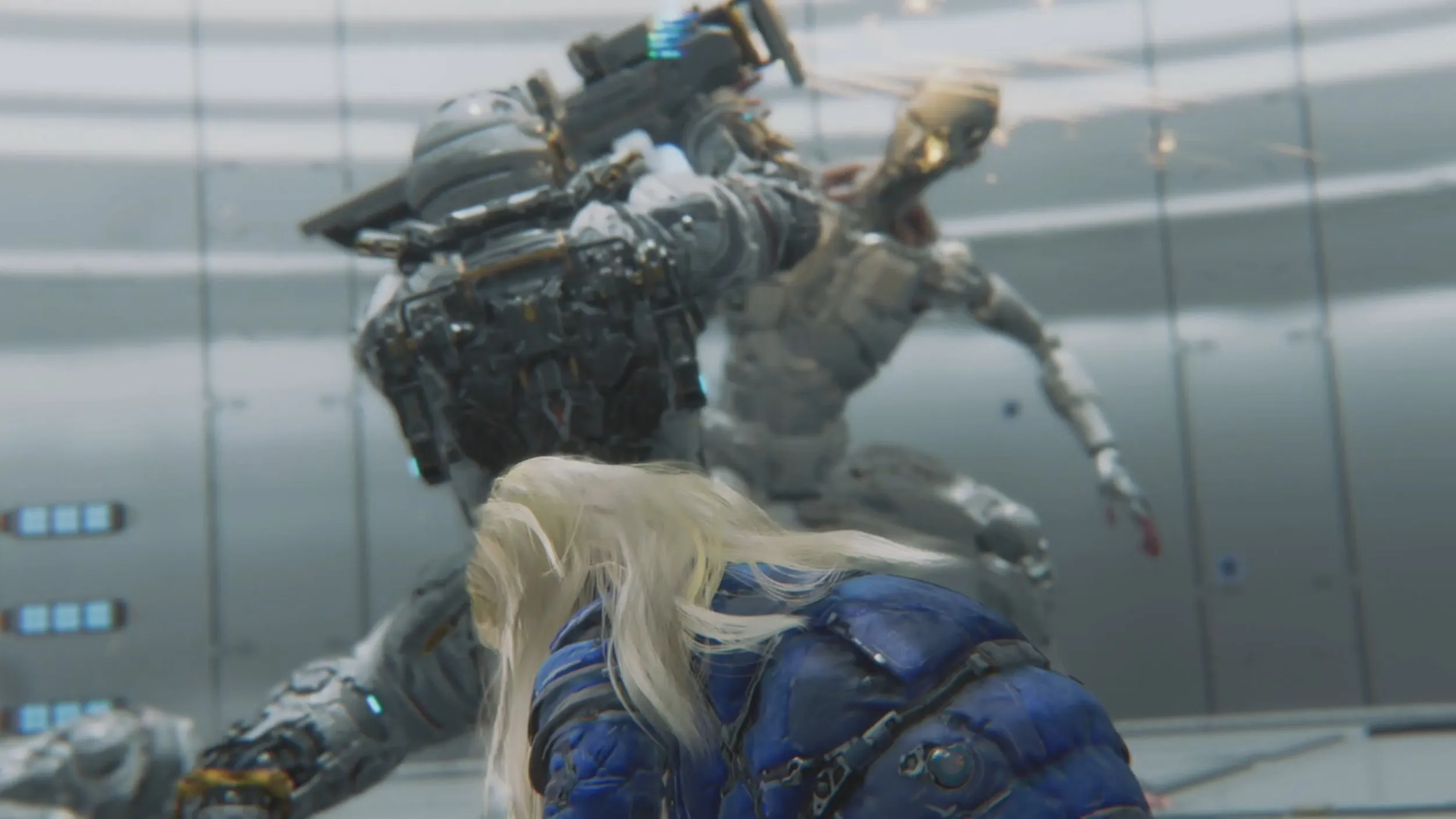 A photo of a girl in the middle named Diana being protected at the background by Hugh against an android attack