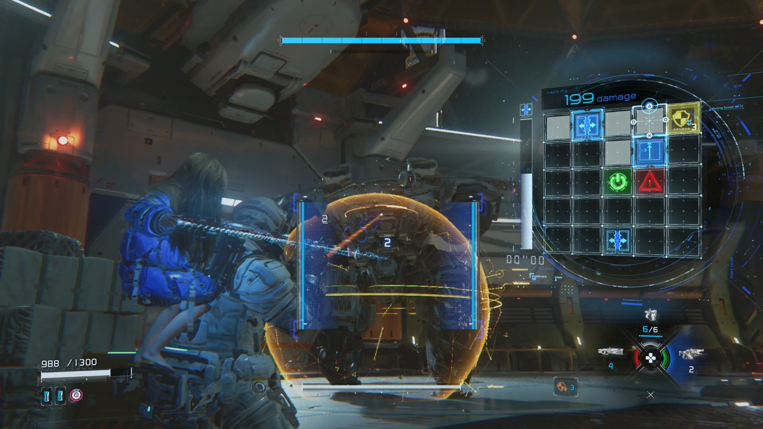 A photo of Hugh firing a stasis net which freezes the enemy while hacking to exploit the weakness