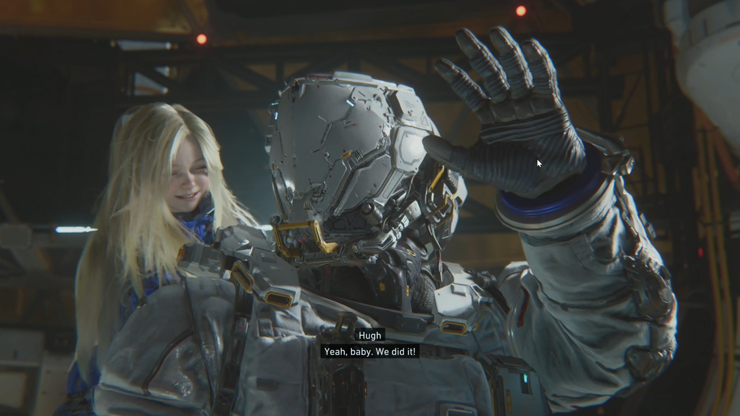 A photo of an android girl named Diana smiling while Hugh, the astronaut is asking for a high five