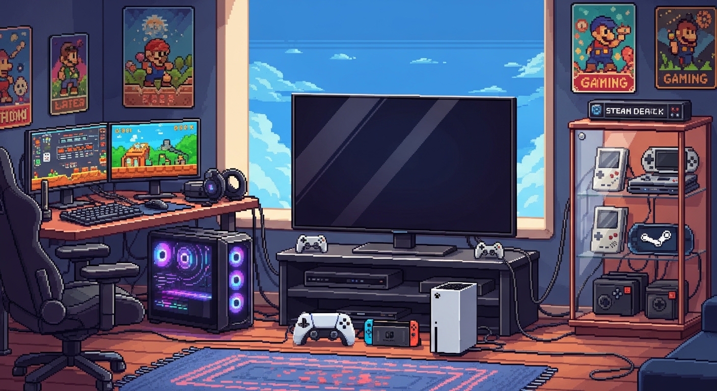 A photo of a gaming room with different consoles in a pixel art form