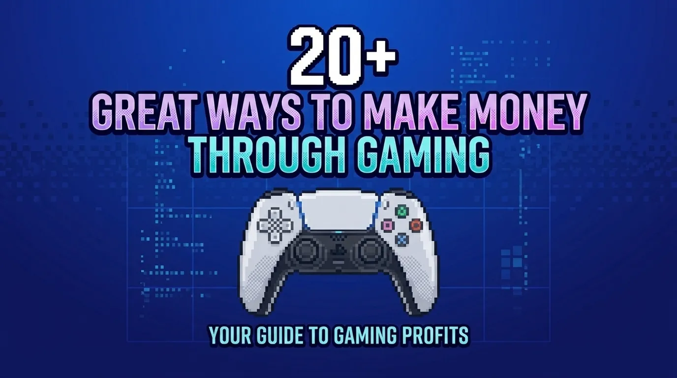 An banner with the title '20+ Great Ways to Make Money through Gaming' and a DualSense controller in the middle