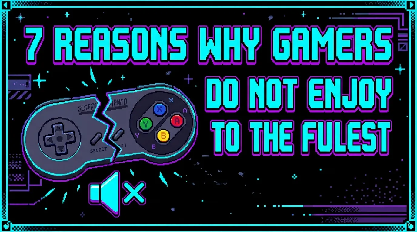 A photo with label title '7 Reasons why gamers do not enjoy to the fullest' with a controller in it. The cover photo is in pixel art with neon text and dark background