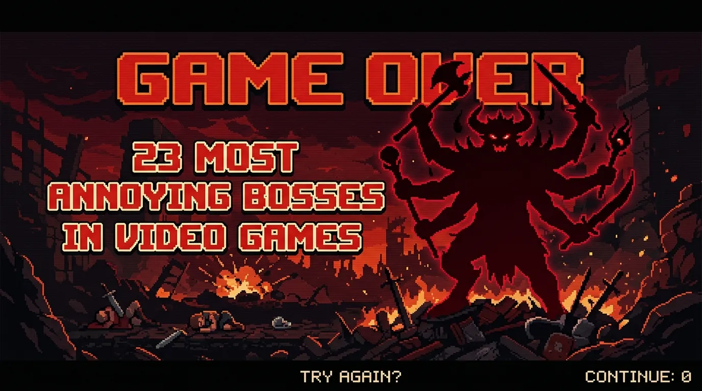 A silhouette of a monster boss that has 6 hands, each hand has a weapon. On the left is the main character lying down and looks defeated The place is fiery and in ruins.