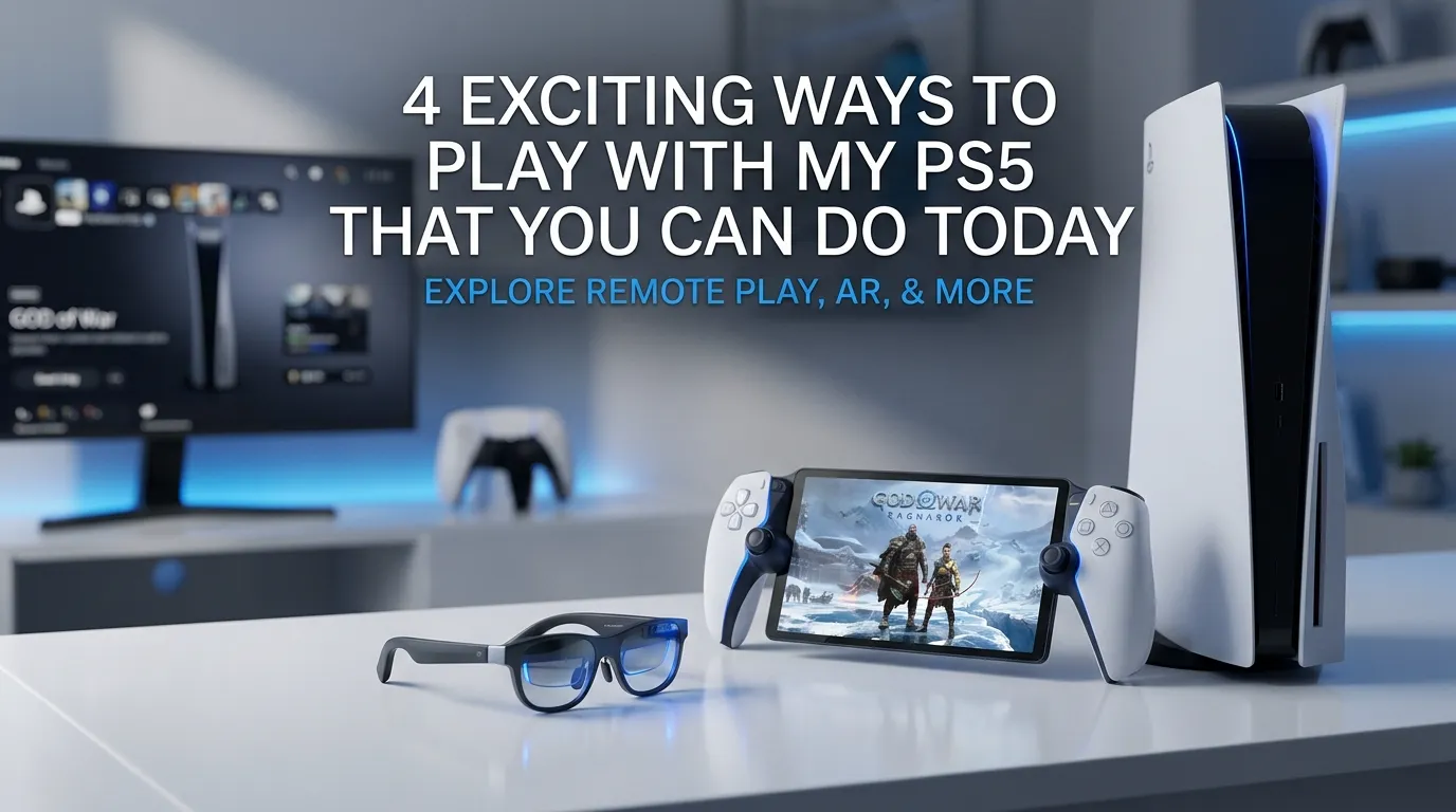 A photo of a PS5 console, Playstation Portal, and an AR Glasses on top of a table. Behind it is a gaming monitor