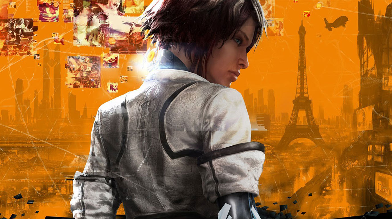 A photo of a woman's back in Cyberpunk setting with light orange theme at the background. This is the cover photo of the game, Remember Me