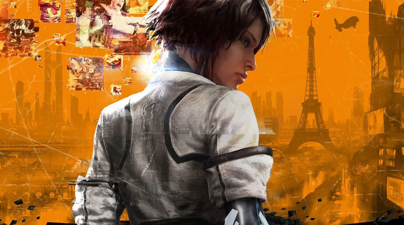 A photo of a woman's back in Cyberpunk setting with light orange theme at the background. This is the cover photo of the game, Remember Me