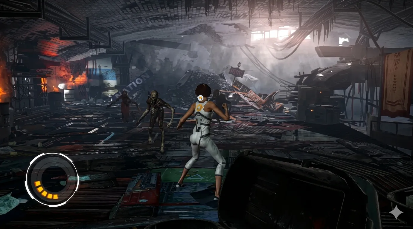 The game protagonist, Nilin, is about to fight her enemies in the destroyed underground subway