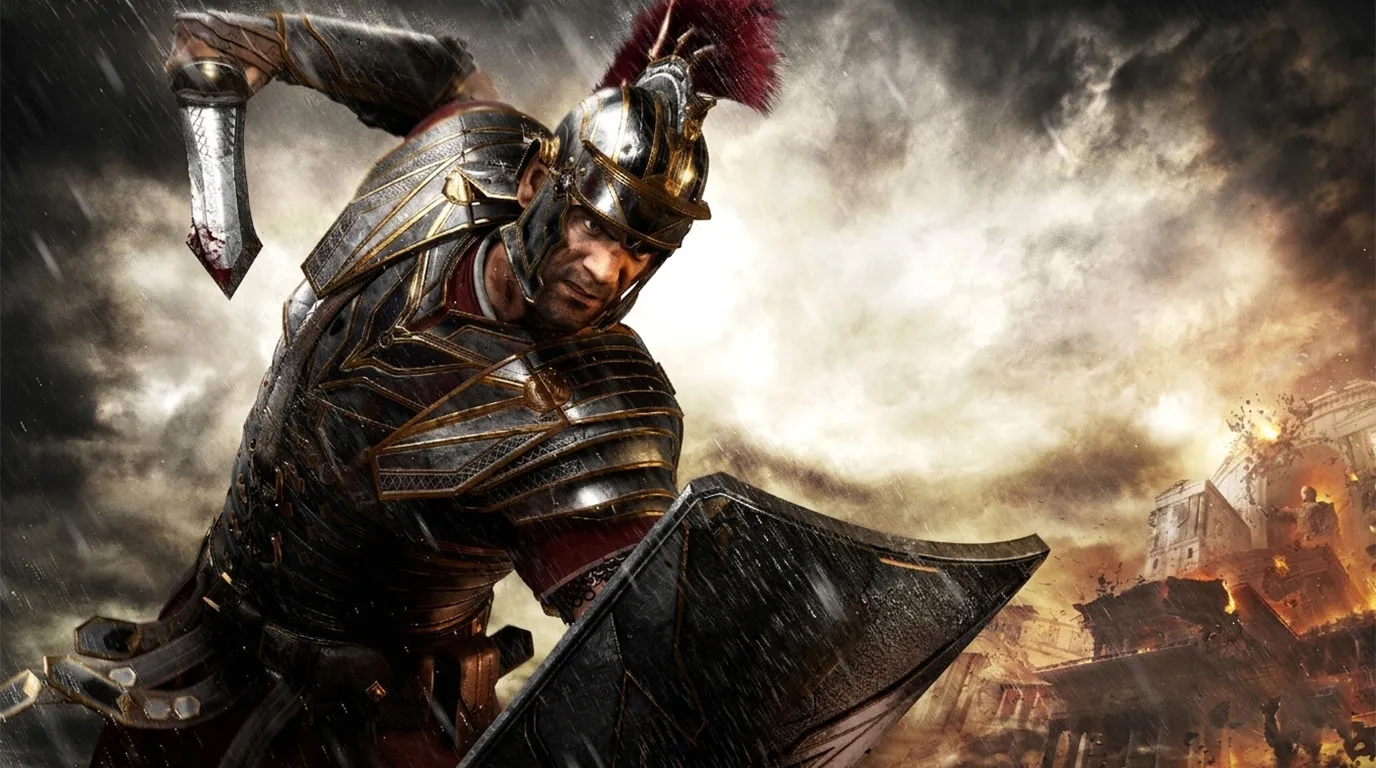 Marius Titus, Roman general protagonist of Ryse: Son of Rome, stands in full legionary armor on the battlefield with Rome's grandeur burning behind him.