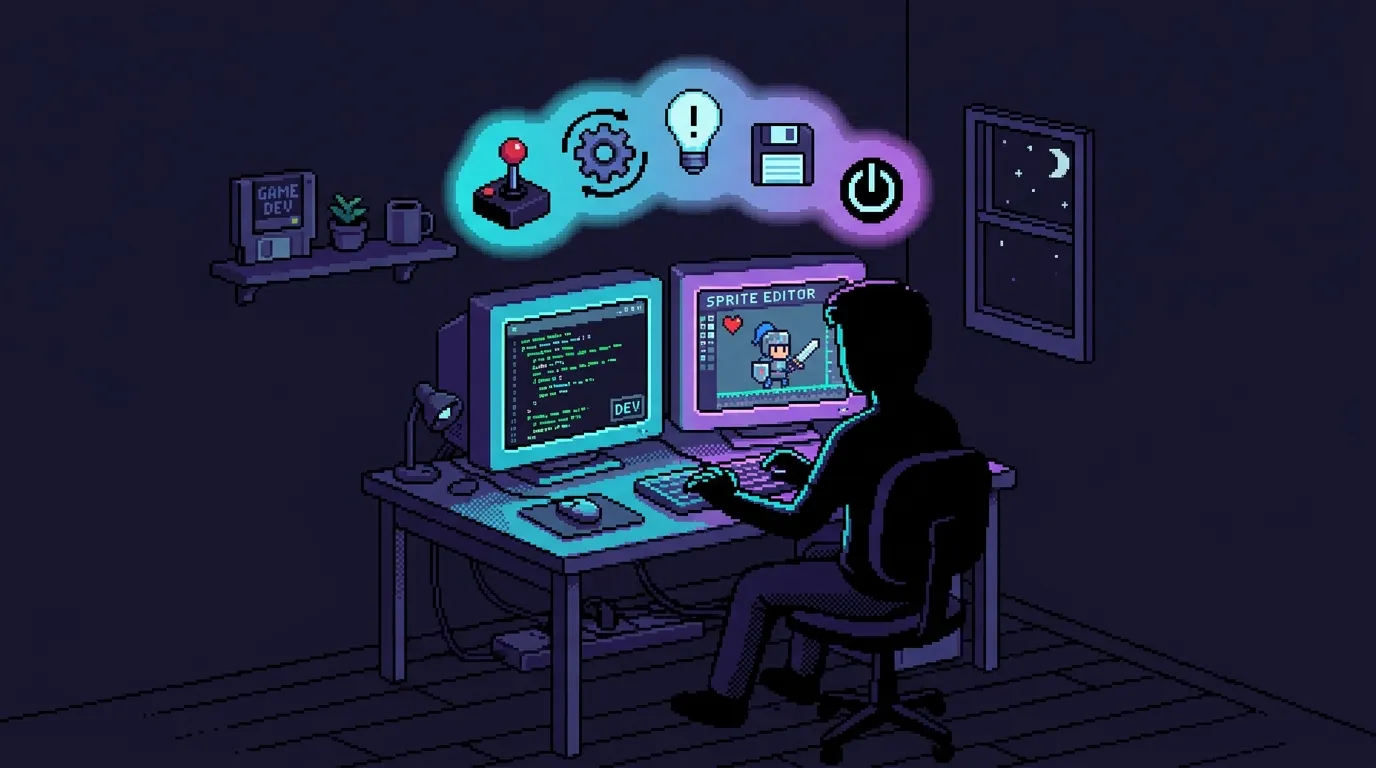 A pixel art of a game developer working in his table and thinking about creating games