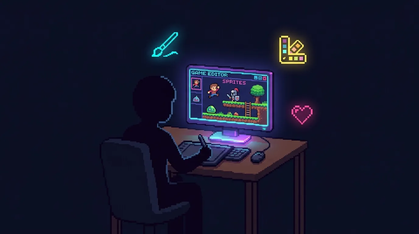 A pixel art of a person in front of his computer and designing graphis for a new game