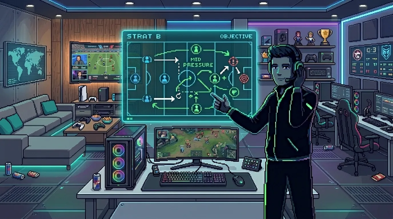 a pixel art of a person teaching strategy on how to win in games. The setting is a game room with consoles, tv, sofa and other games