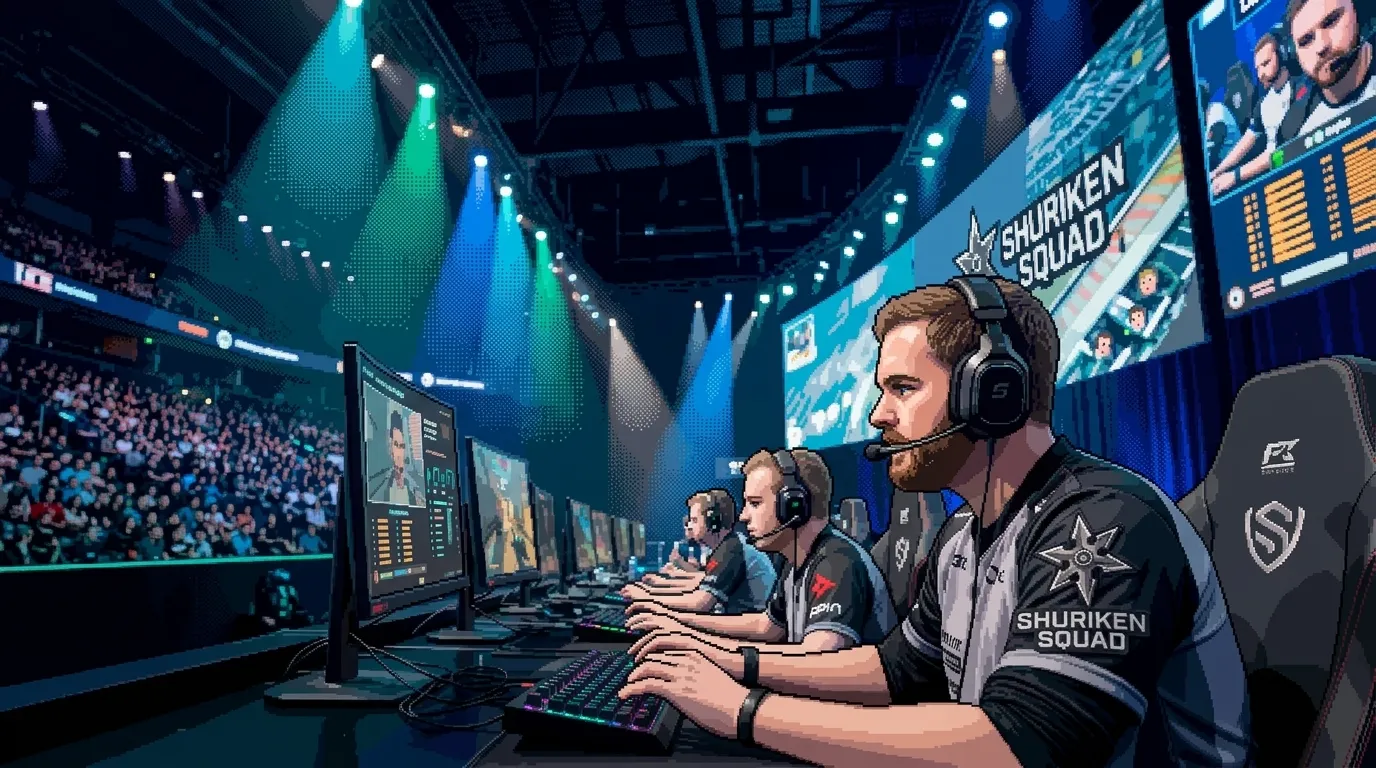 a pixel art photo of e-sports players sitting in a chair and office table. They are placed center stage like being in a concert being watched by people
