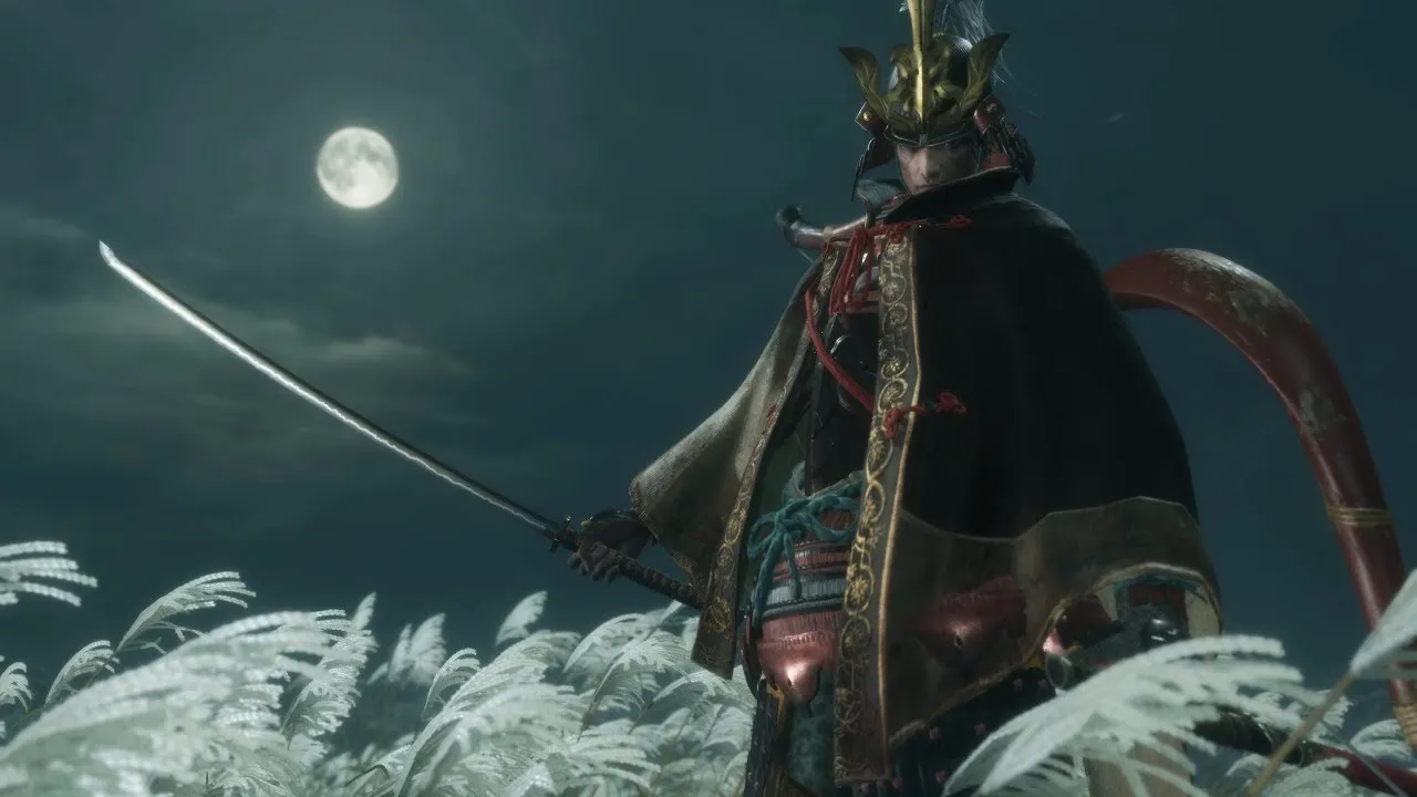 A photo of a samurai named Genichiro Ashina with a large arrow at the back