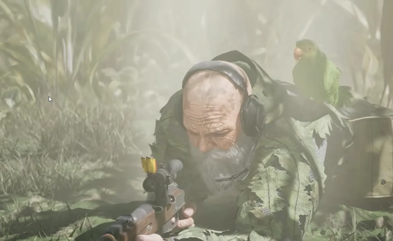 A photo of an old geezer in sniping position that is a legendary sniper named The End. He has a pet parrot bird on his left shoulder