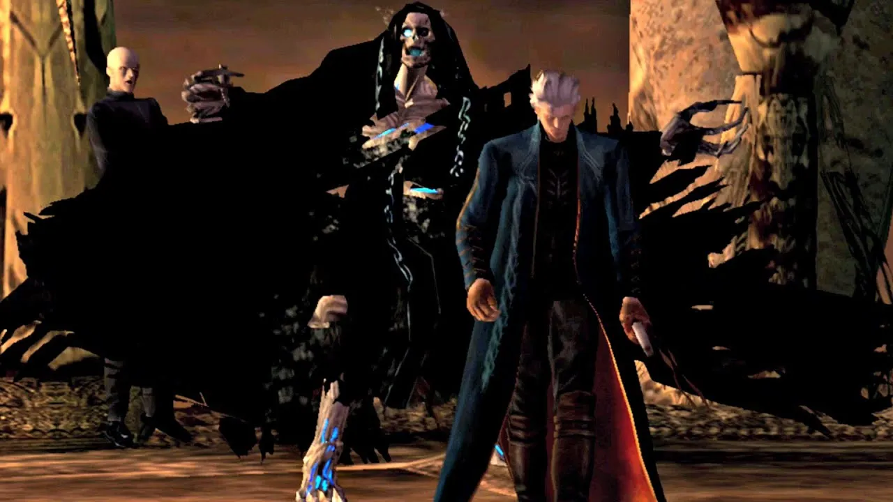 Vergil of Devil May Cry has a person behind him getting ready to fight and crush Dante