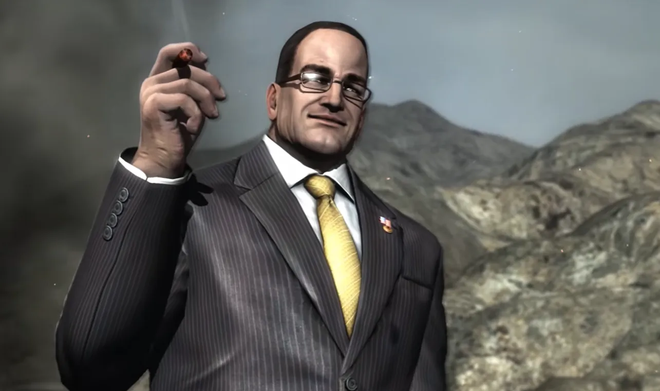 A photo of Senator Armstrong, a buffed guy in eyeglasses, suits, and holding a tobacco