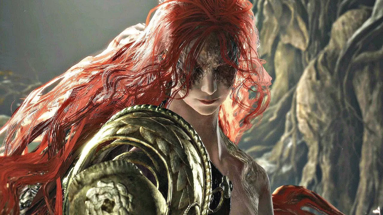 A photo of a fierce woman, in red hair and burned eyes