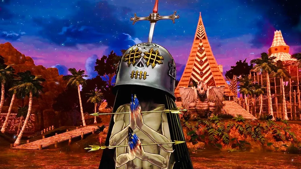 A photo of an undead-like character wearing a metal helmet with a sword on top of it.