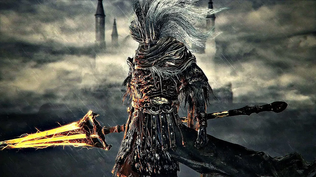 A photo of a knight in epic armor. His helmet has long white hair in it and his face is covered. Nameless King also holds a weapon capable of striking a lightning