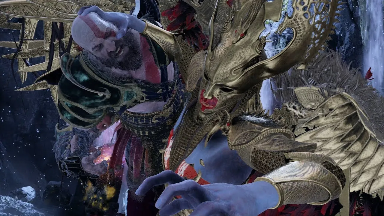 A photo of a mythical character wearing a golden mask, holding Kratos and about to ram and slam to the ground