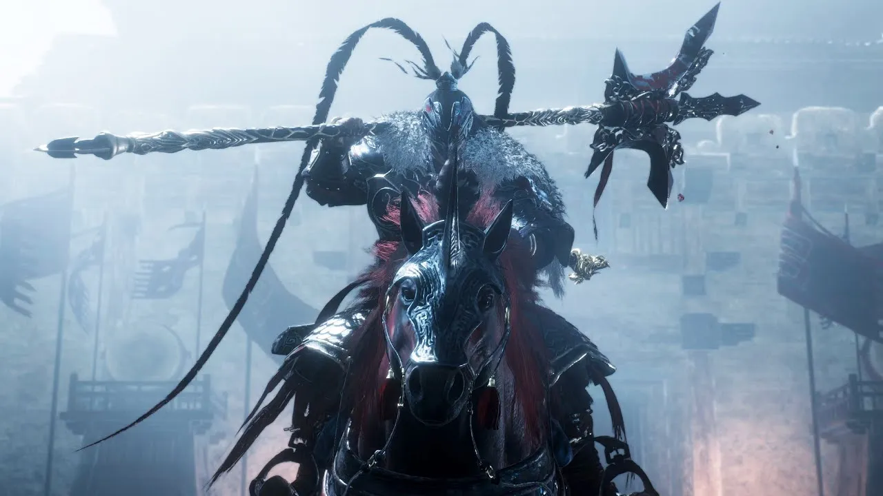 A photo of a fierce warrior riding on a horse, Lu Bu. He is holding his weapon and put on his shoulder and ready to strike anytime