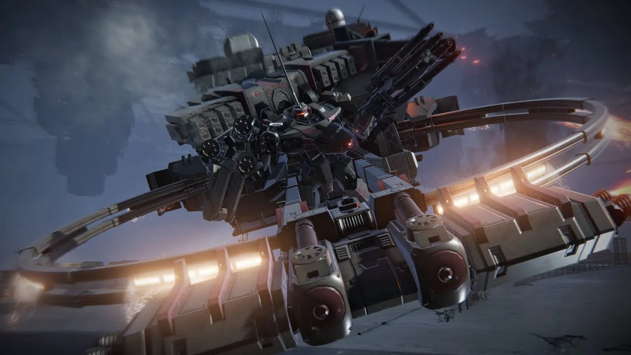 A mech with pointing his weapons at the camera. Baltheus owns so many gatling guns, homing missiles, and weapons that can easily destroy anything in its path